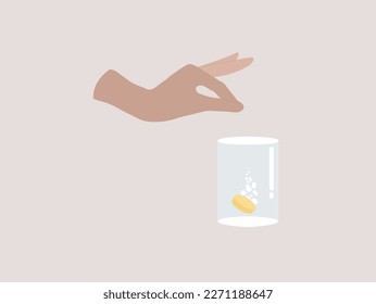 Soluble tablets in liquid with bubbles. Vector template for advertising aspirin, vitamin with other medical soluble drugs, dissolving process.