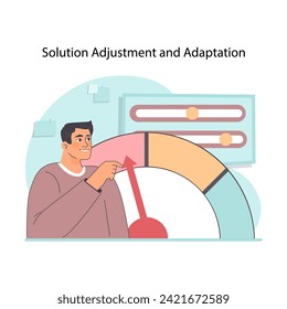 Solution adjustment and adaptation concept. Man turning arrow to better indicators. Proactive enhancement and fine-tuning of strategies. Dynamic response to change. Flat vector illustration