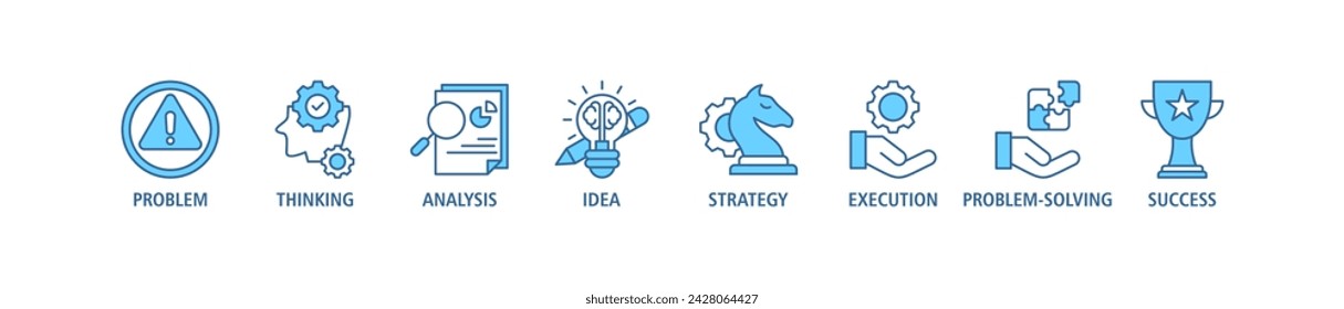 Solution banner web icon set vector illustration concept with icons of problem, thinking, analysis, idea, strategy, execution, problem-solving, success
