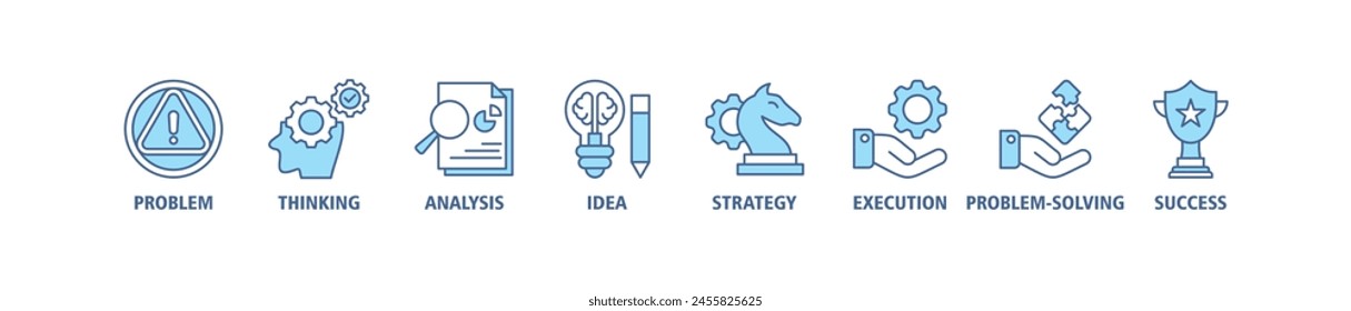 Solution banner web icon set vector illustration concept with icons of problem, thinking, analysis, idea, strategy, execution, problem-solving, success