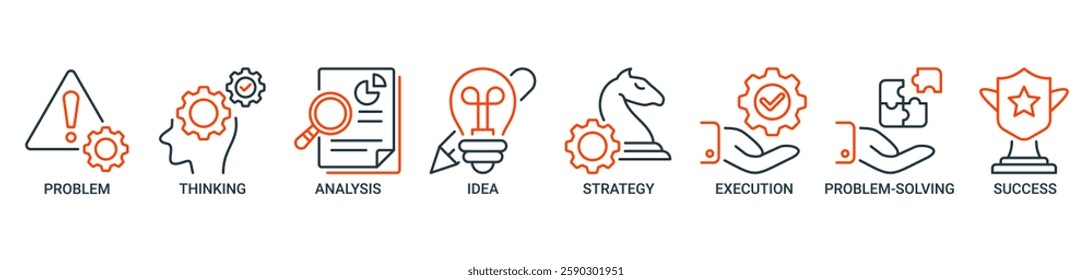 Solution banner web icon set vector illustration concept with icons of problem, thinking, analysis, idea, strategy, execution, problem-solving and success icons. Outline vector symbol background.