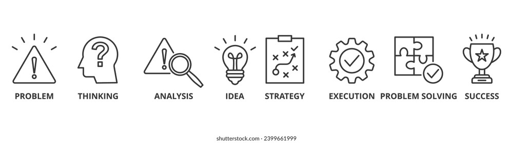 Solution banner web icon vector illustration concept with icons of problem, thinking, analysis, idea, strategy, execution, problem-solving, success