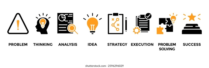 Solution banner web icon vector illustration concept with icons of problem, thinking, analysis, idea, strategy, execution, problem-solving and success icons