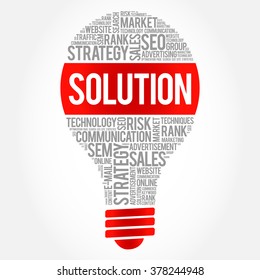 SOLUTION bulb word cloud, business concept