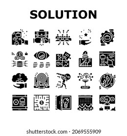 Solution Business Problem Task Icons Set Vector. Teamwork And Partnership, Goal Achievement And Vision Of Solution, Project Strategy Development And Deadline Glyph Pictograms Black Illustrations