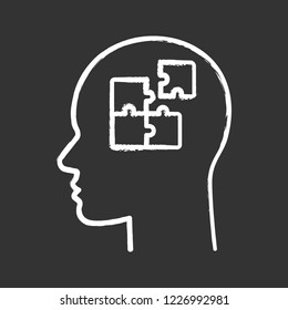 Solution chalk icon. Solve problem. Thinking process. Find solution. Resolve issue. Insight. Head with puzzles inside. Isolated vector chalkboard illustration