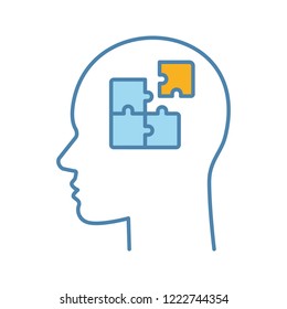 Solution color icon. Solve problem. Thinking process. Find solution. Resolve issue. Insight. Head with puzzles inside. Isolated vector illustration