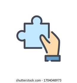 Solution color line icon. Hand with puzzle vector outline colorful sign.