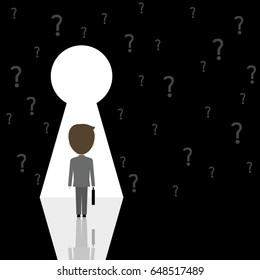Solution concept businessman walking to the door of keyhole shape and question mark on wall vector illustration