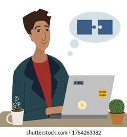 Solution concept. Businessman working with laptop and thinking about strategy. Connecting puzzle elements, combining two pieces. Successful implementation plan. Flat cartoon vector illustration