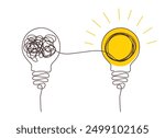 Solution concept of chaos in thoughts with hanging light bulbs with one glowing. Complex problem solving process in hand drawn style. Vector illustration