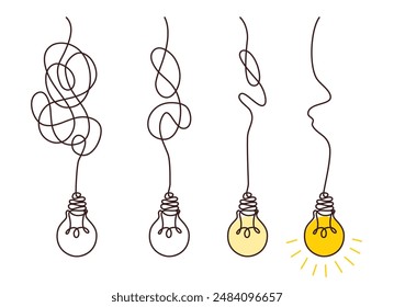 Solution concept of chaos in thoughts with hanging light bulbs with one glowing. Complex problem solving process in hand drawn style. Vector illustration