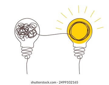 Concepto de solución del caos en los pensamientos con bombillas colgantes con una que brilla intensamente. Proceso complejo de resolución de problemas en estilo dibujado a mano. Ilustración vectorial