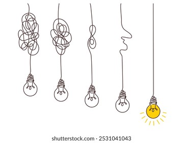 Solution concept of chaos in thoughts with hanging light bulbs with one glowing. Complex problem solving process in hand drawn style. Vector illustration