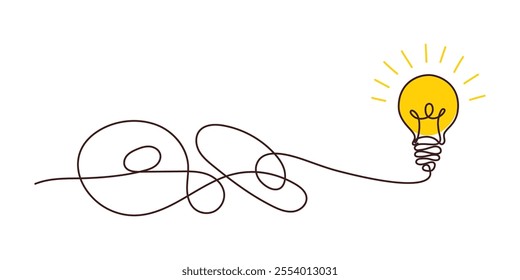 Solution concept of chaos in thoughts with hanging light bulbs with one glowing. Complex problem solving process in hand drawn style. Vector illustration