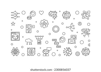 Solution concept horizontal banner in thin line style. Vector Artificial intelligence and Neural Network illustration