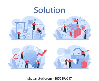 Solution concept illustration set. Solving the problem and finding creative solution. Business people meeting the challenge in a teamwork. Flat vector illustration