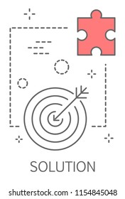 Solution concept illustration. Solving the problem and finding creative solution. Line icon set with target and puzzle piece. Flat vector illustration