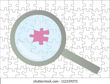 Solution concept with magnifying glass and puzzle piece vector background