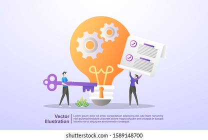 Solution concept. Men and women have solutions for business. Working together to solve the problem. Find business ideas. Can use for web landing page, banner, flyer, mobile app. Vector Illustration