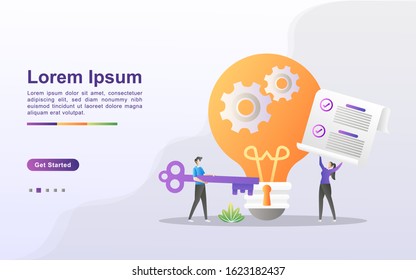 Solution concept. Men and women have solutions for business. Working together to solve the problem. Find business ideas. Can use for web landing page, banner, flyer, mobile app. Vector Illustration