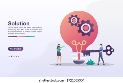 Solution concept. Men and women have solutions for business. Working together to solve the problem. Find business ideas. Can use for web landing page, banner, flyer, mobile app. Vector Illustration