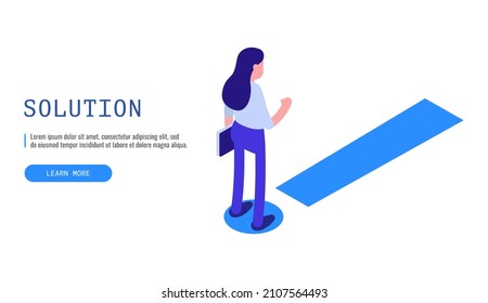 Solution concept. Woman stands in front of an exclamation mark . Isometric vector web banner.