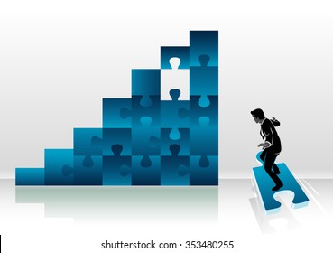 Solution Control-Businessman on his way in filling gaps of jigsaw graph