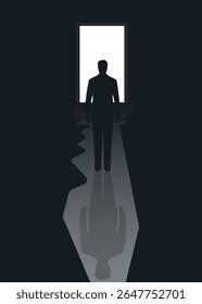 Solution and decision concept. Man looking of the door with empty place for key. Concept of business, difficulties, problem solving, right decision, solution, stock illustration