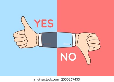 Solution is demonstrated by thumbs up or thumbs down hand gesture with yes or no written in contrasting colors. Business person shows positive and negative decision in response to heard proposal.