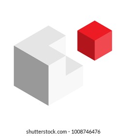 Solution design element concept. Block of 3D cubes with last red piece outside. Vector illustration.