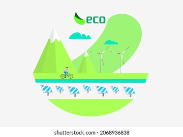 solution of ecological problems in the world with renewable energy sources, wind turbine, solar energy panels. green and clean world concept. ecological balance and conscious people use bicycles.