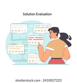 Solution evaluation concept. Woman observing proposals to issues. Critical review and rating of proposed strategies. Analytical assessment in problem resolution. Flat vector illustration