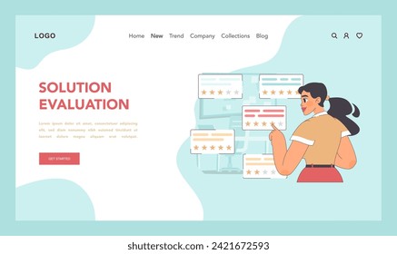 Solution evaluation concept. Woman observing proposals to issues. Critical review and rating of proposed strategies. Analytical assessment in problem resolution. Flat vector illustration