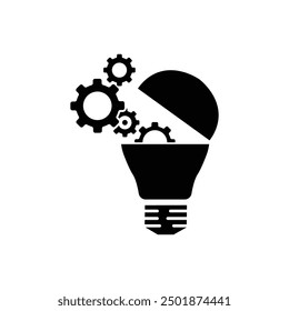 solution execute develop icon, implement idea, configuration cogwheel with light bulb, flat vector illustration