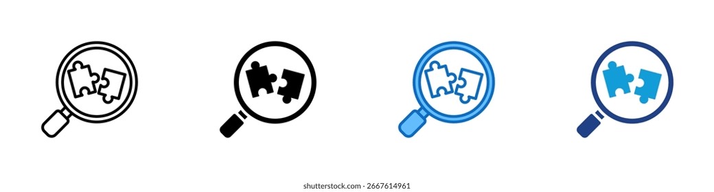 Solution Finder Multiple Style Icon Sheet Vector Design - Magnifying glass over puzzle pieces, representing problem solving and solution analysis