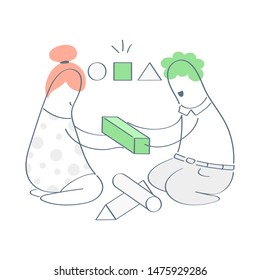 Solution, finding the right answer concept. Two cartoon characters solving a puzzle, holding a cube to put it the right hole. Brainteaser, logic game, solving a logical problem. Flat outline ui vector