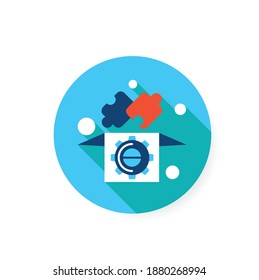 Solution flat icon. Jigsaw puzzle fit into box with gear sign. Problem solving and creative solution production concept. Color vector illustration with shadow for web and business presentation