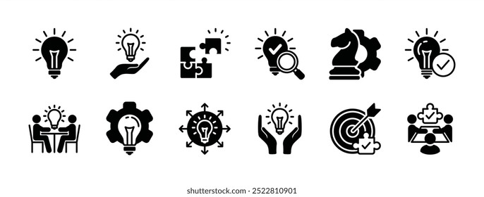 Solution flat icon vector set. Containing idea, strategy, creativity, innovation, problem solving, light bulb, meeting, teamwork, connecting, management, puzzle, creative, invention, jigsaw