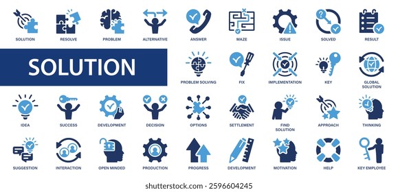 Solution flat icons set. Alternative, problem, resolve, define, answer, issue, goal, success icons and more signs. Flat icon collection.