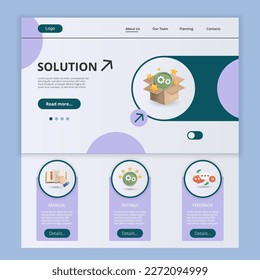 Solution flat landing page website template. Manual, ratings, feedback. Web banner with header, content and footer. Vector illustration.