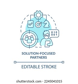 Solution focused partners turquoise concept icon. Digital business strategy abstract idea thin line illustration. Isolated outline drawing. Editable stroke. Arial, Myriad Pro-Bold fonts used