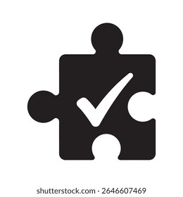 Solução encontrado ícone com uma marca de verificação em uma peça de quebra-cabeça representando uma tarefa concluída uma estratégia bem sucedida e um problema resolvido vetor ícone glifo sólido