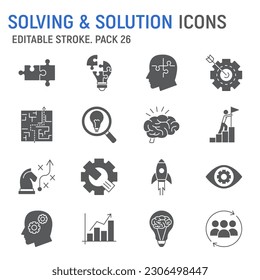Solution glyph icon set, business collection, seo vector graphics, logo illustrations, solving vector icons, optimizations for a search engine signs, solid pictograms, editable stroke