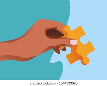 Solution. Hand is holding piece of a jigsaw puzzle. Solutions and problem solving. Flat concept vector illustration for web page, website and mobile