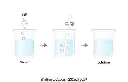 Solution, Homogeneous mixture,  uniform composition, salt and water. Chemistry experiment. Scientific design. Vector illustration