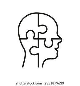 Solution in Human Head Line Icon. Person's Brain and Jigsaw, Creation Idea Concept Linear Pictogram. Thinking Intellectual Process Outline Symbol. Editable Stroke. Isolated Vector Illustration.