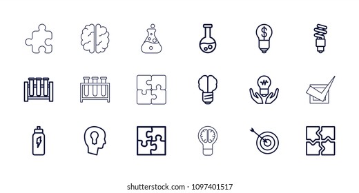 Solution icon. collection of 18 solution outline icons such as target, puzzle, test tube, brain bulb, bulb in hand. editable solution icons for web and mobile.