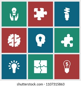 Solution icon. collection of 9 solution filled icons such as puzzle, light bulb, fluorescent lamp, keyhole in head. editable solution icons for web and mobile.