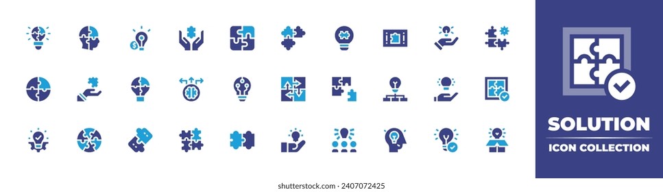 Colección de iconos de la solución. Color de duotona. Ilustración vectorial y transparente. Conteniendo solución, rompecabezas, bombilla, integración, innovación, idea, bombilla, integrada, bombilla de ideas, pieza.